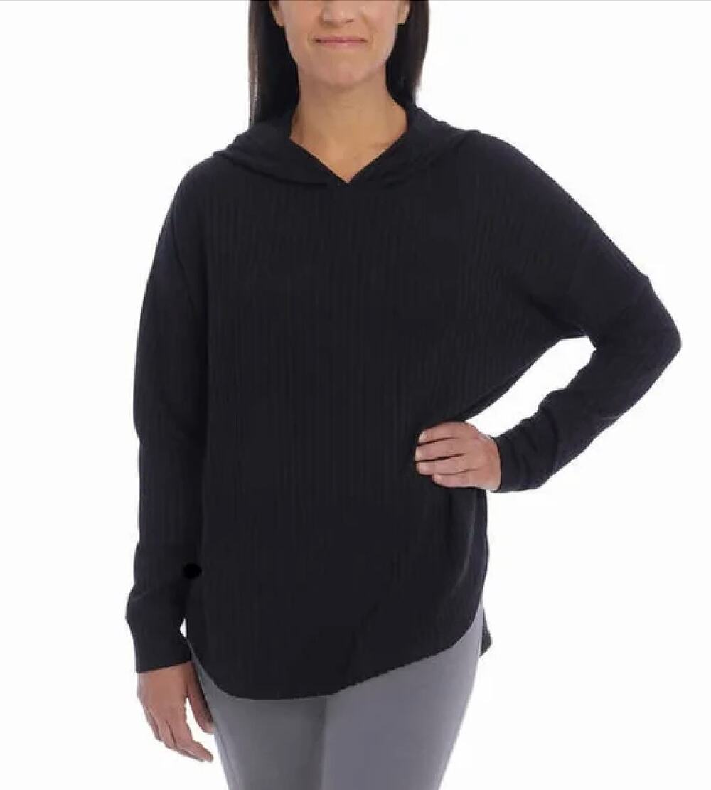CHASER Hooded Waffle Knit Pullover Thermal Hoodie Hi Low Hem Black Size Large